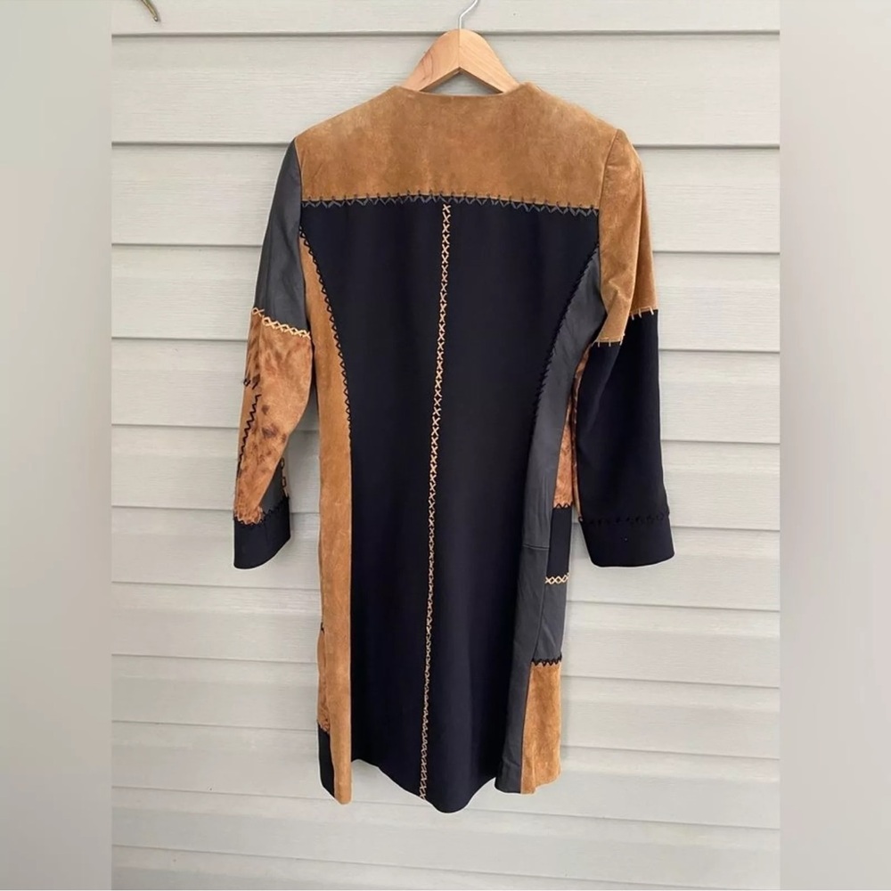 Suede Leather Patchwork Duster Jacket Coat - Picture 13 of 16